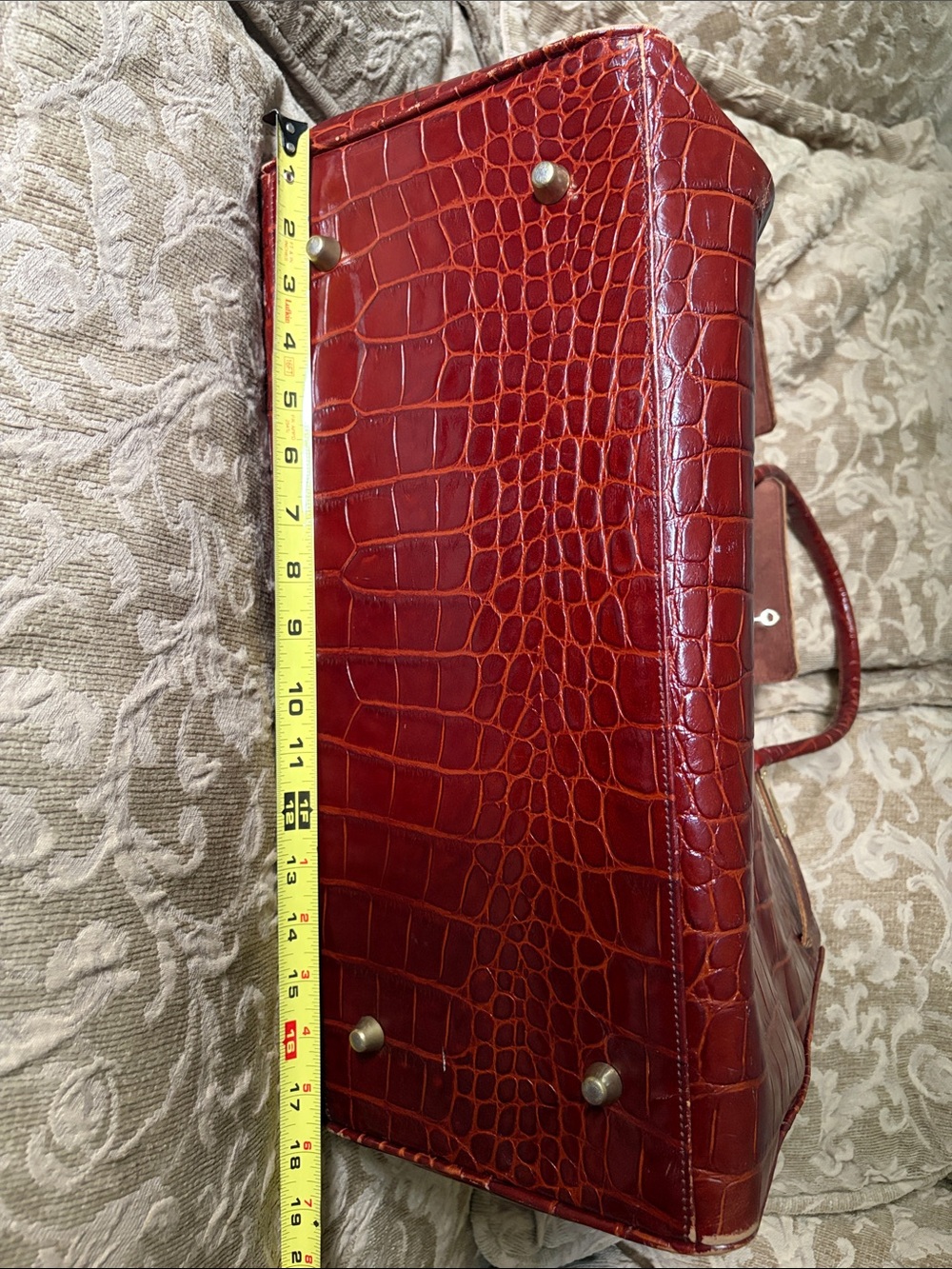 Croc-Embossed Oxblood Leather Tote /Valise with Top Handles - Picture 6 of 6